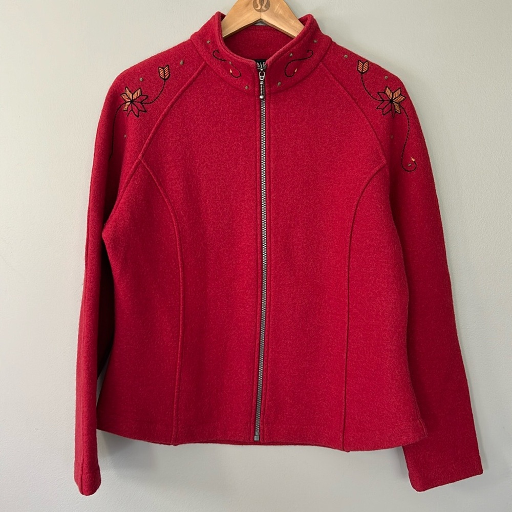 Norlender 100% Wool Zip Up Jacket Sz S Red Embroidered Scandinavian